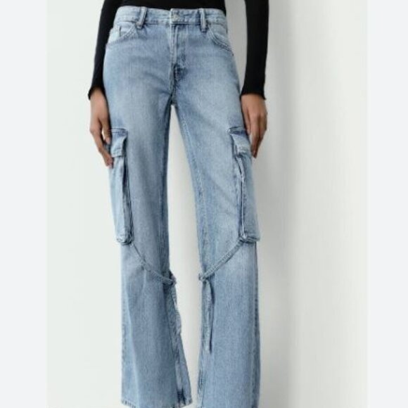ZARA TRF Mid-Rise Belted Cargo Denim - Picture 1 of 9
